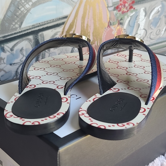 GUCCI Kika Logo-embellished Striped Nylon, Canvas and Leather Sandals,red/white. - Picture 10 of 13